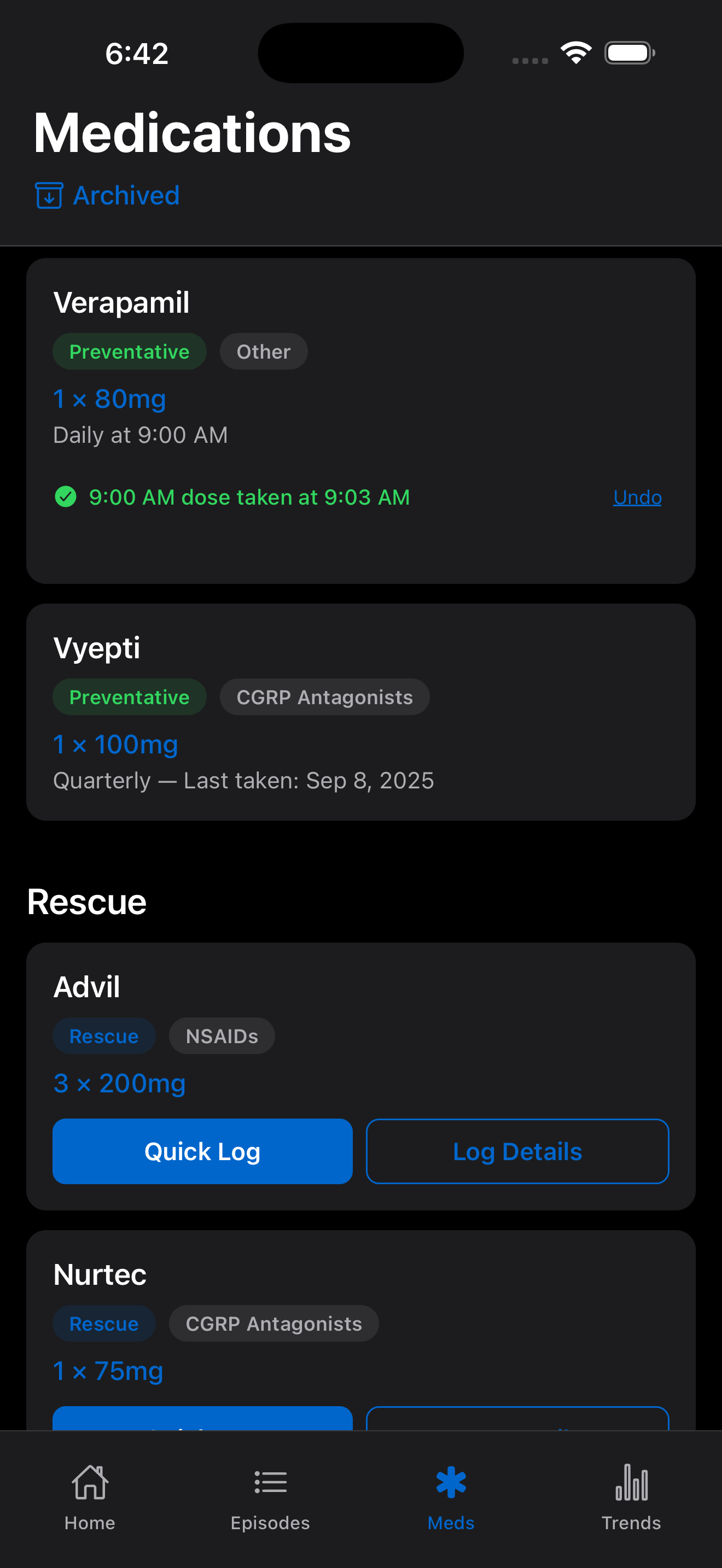 MigraLog medication tracking screen showing medication list and dosage management